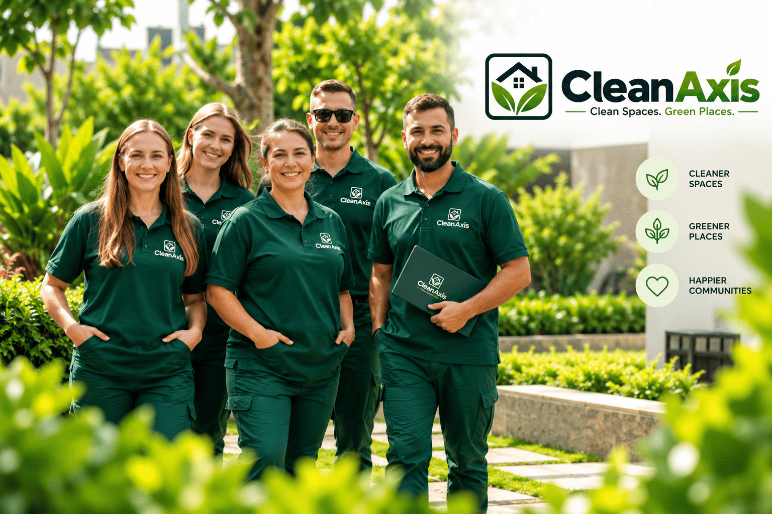 CleanAxis team in green uniforms standing together in a garden